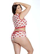 Crop top and panty, mesh, lacing, lips (pattern), plus size